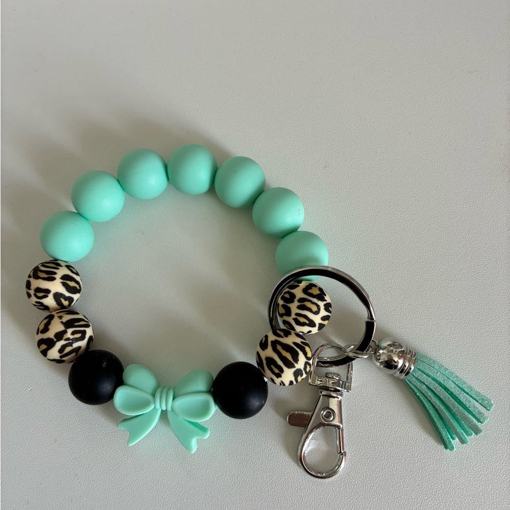 Mint Beaded Bow Keyring Bracelet with Leopard Accent and Tassel